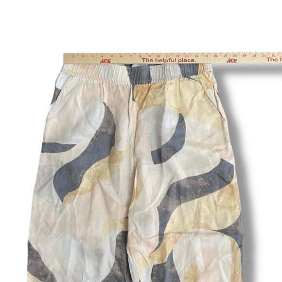 Rachel Zoe Linen Abstract Print Wide Leg Pants Elastic Waist Beige L - Picture 3 of 9